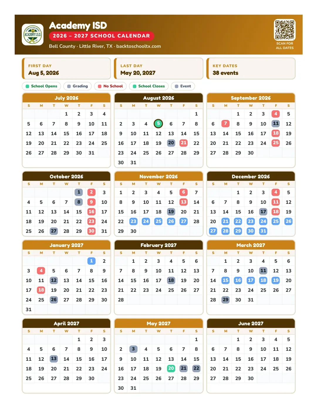 Academy ISD Calendar for the Year 26-27
