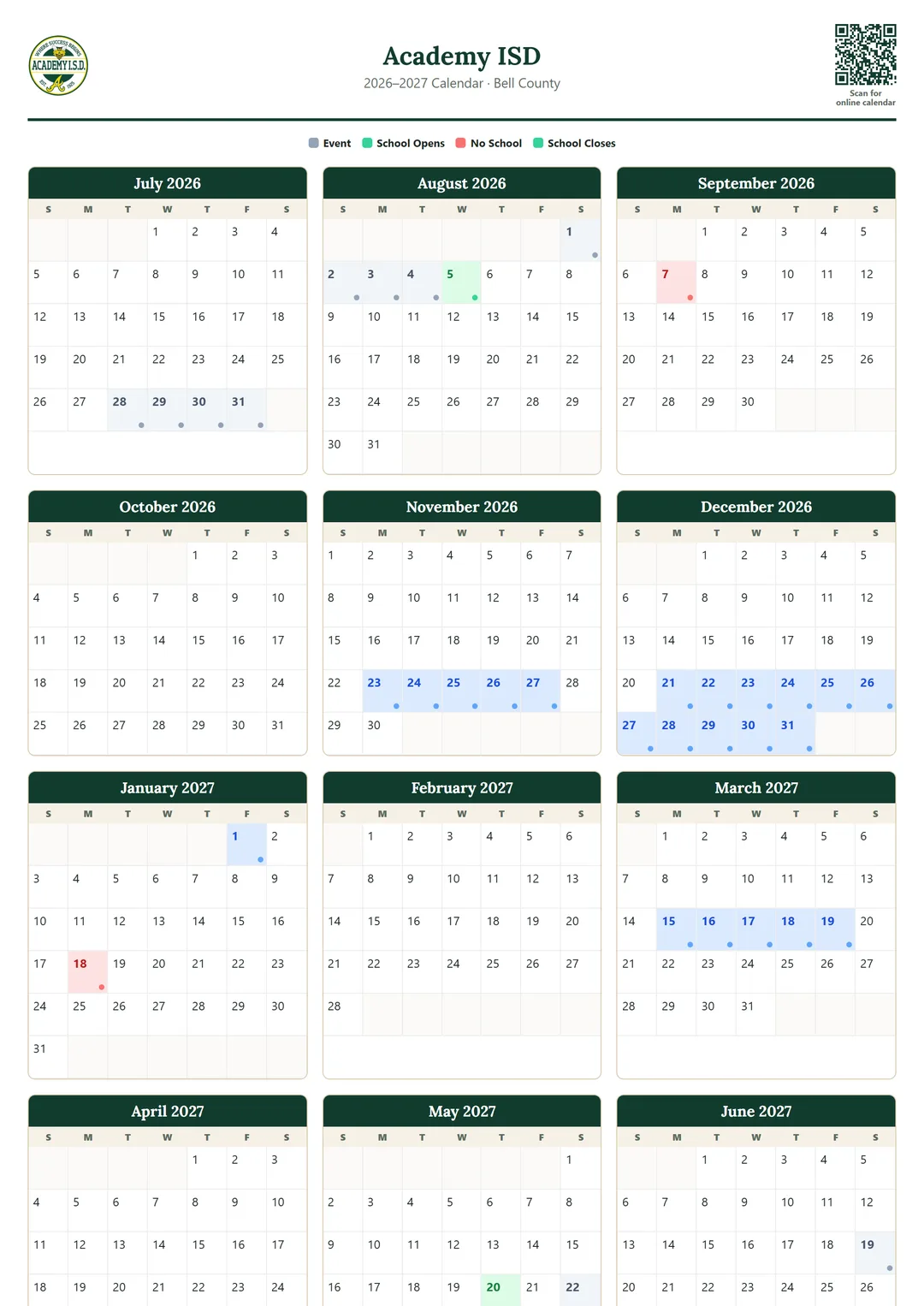 Academy ISD printable 2026–2027 calendar