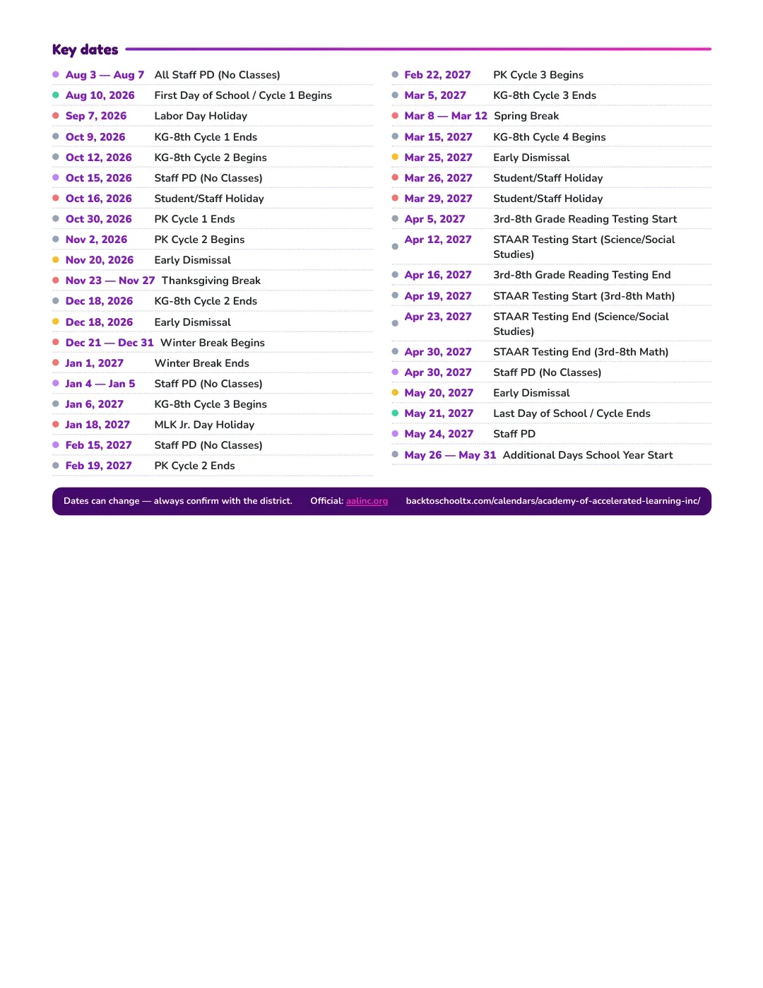 Academy Of Accelerated Learning Inc Calendar for the Year 26-27 — key dates
