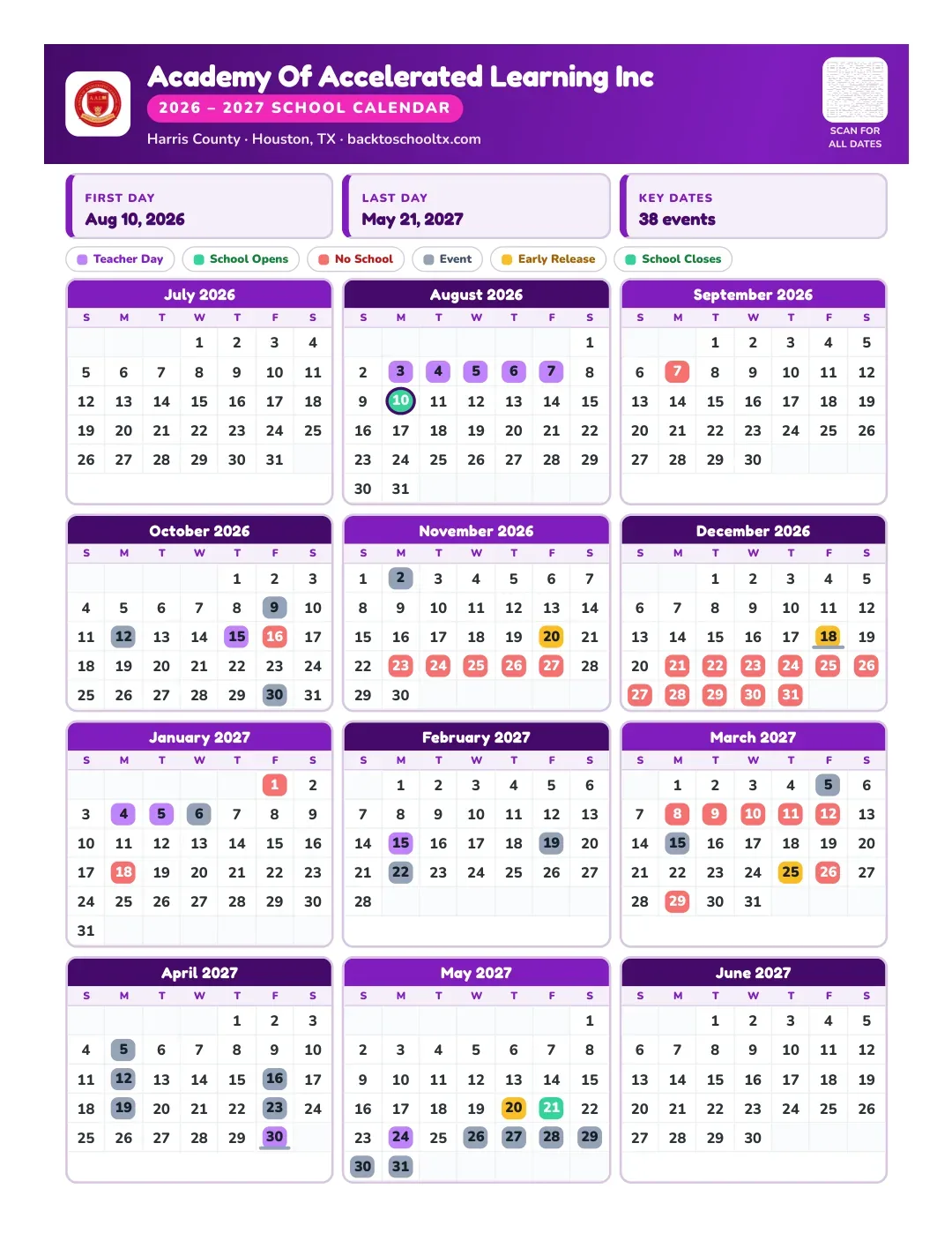 Academy Of Accelerated Learning Inc Calendar for the Year 26-27