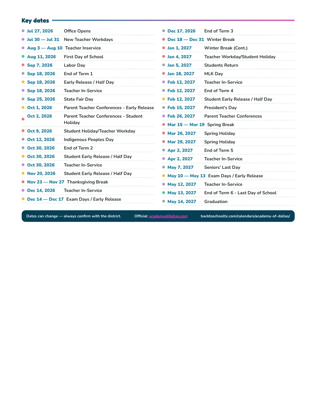 Academy Of Dallas Calendar for the Year 26-27 — key dates