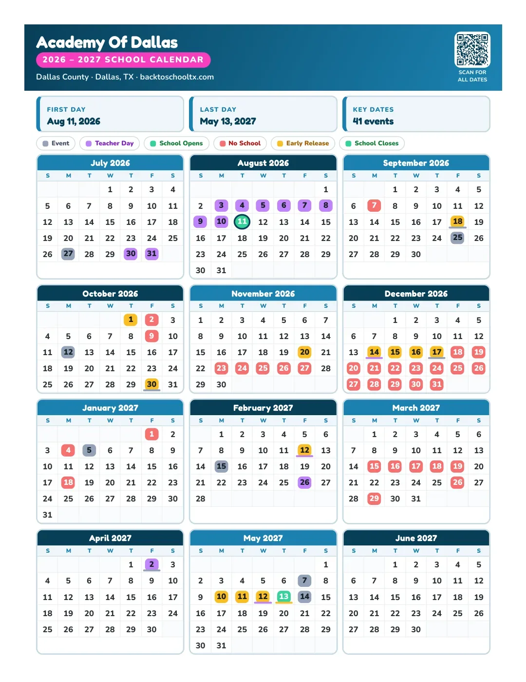 Academy Of Dallas Calendar for the Year 26-27