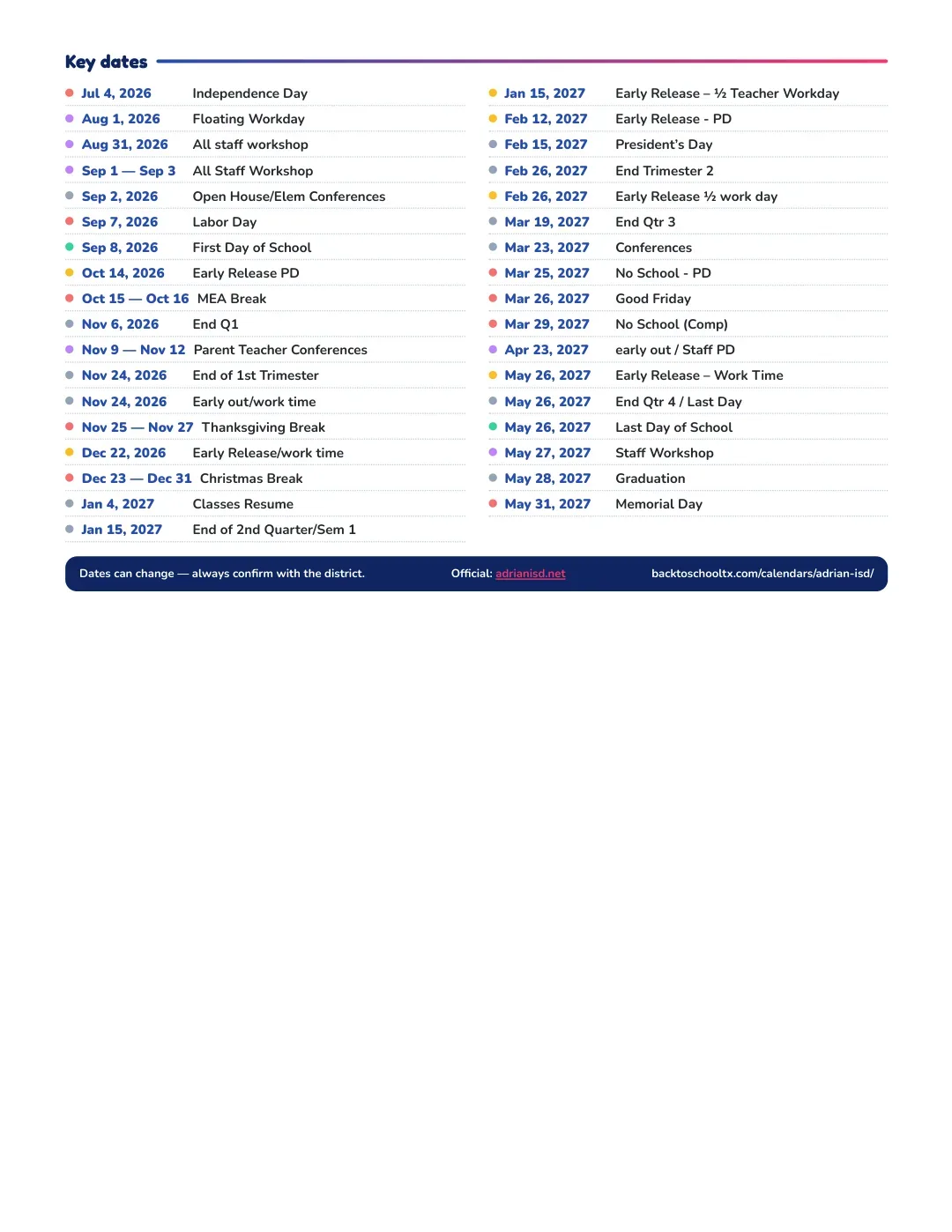 Adrian ISD Calendar for the Year 26-27 — key dates