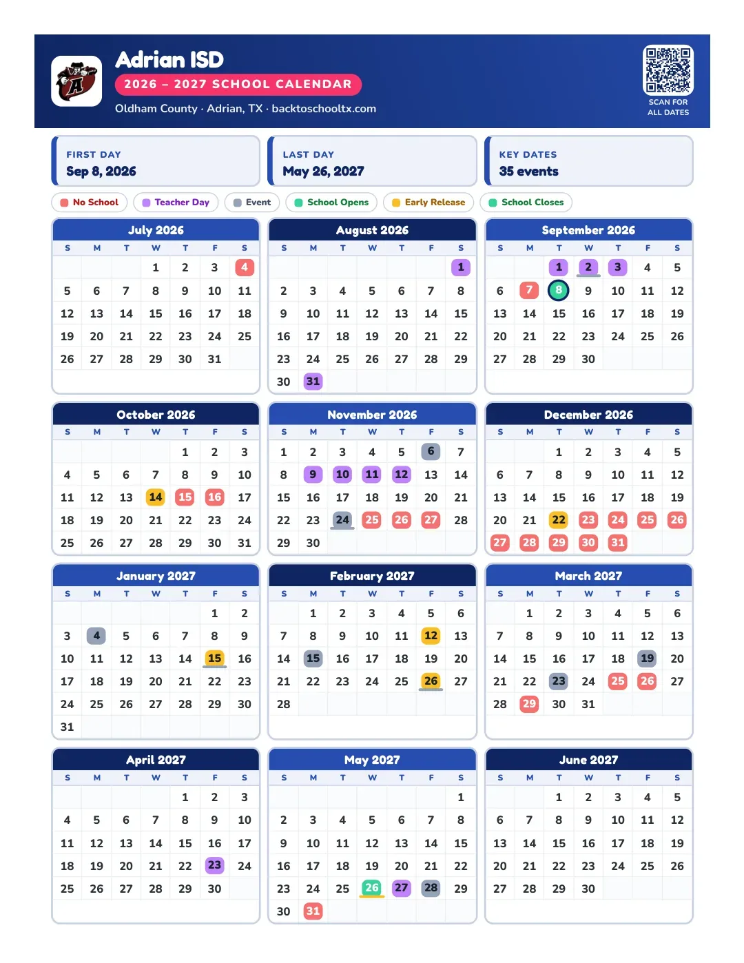Adrian ISD Calendar for the Year 26-27