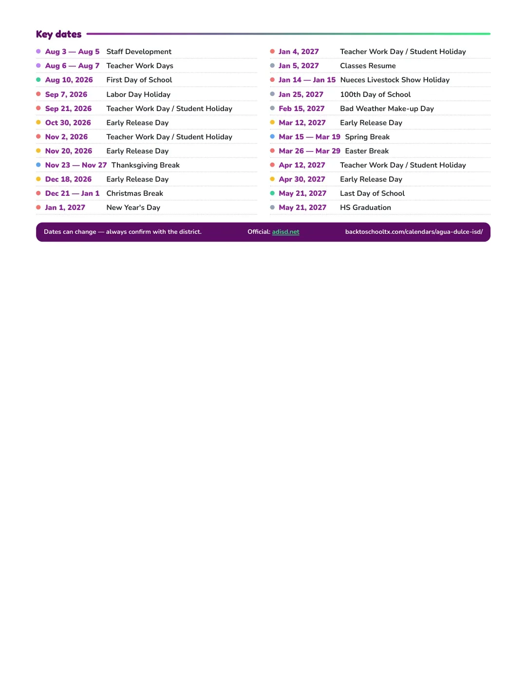 Agua Dulce ISD Calendar for the Year 26-27 — key dates