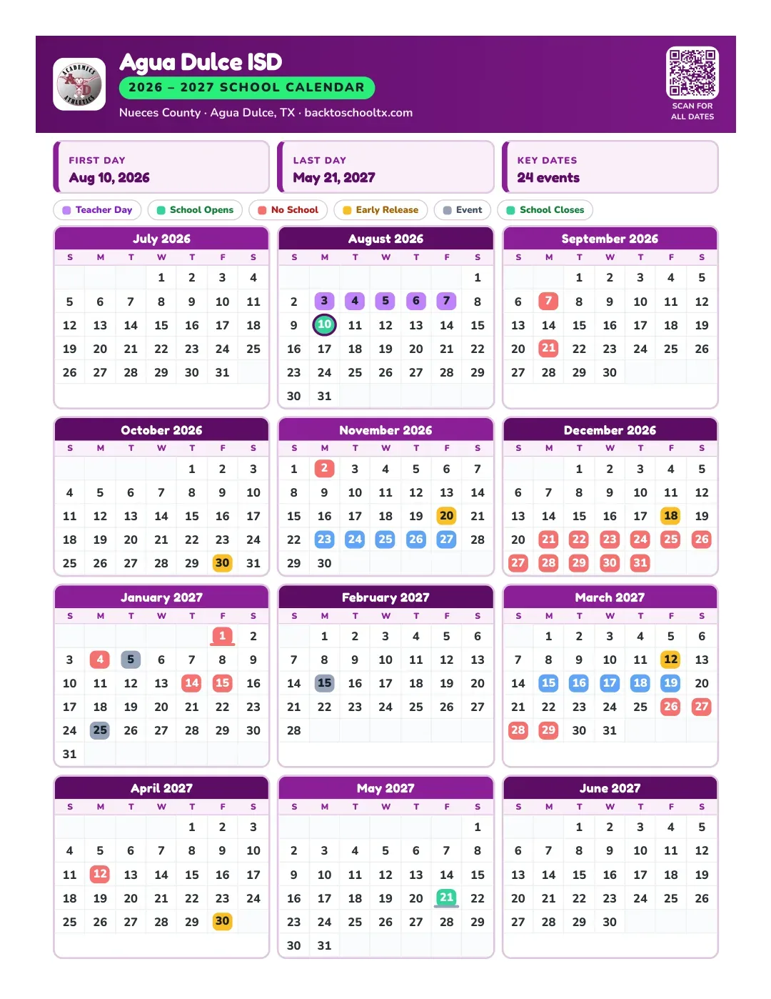 Agua Dulce ISD Calendar for the Year 26-27