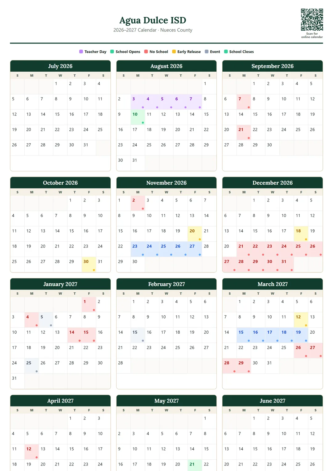 Agua Dulce ISD printable 2026–2027 calendar