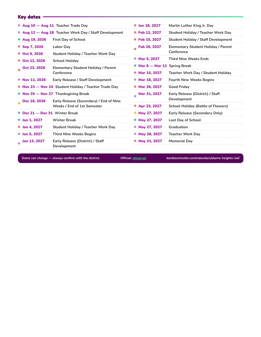 Alamo Heights ISD Calendar for the Year 26-27 — key dates