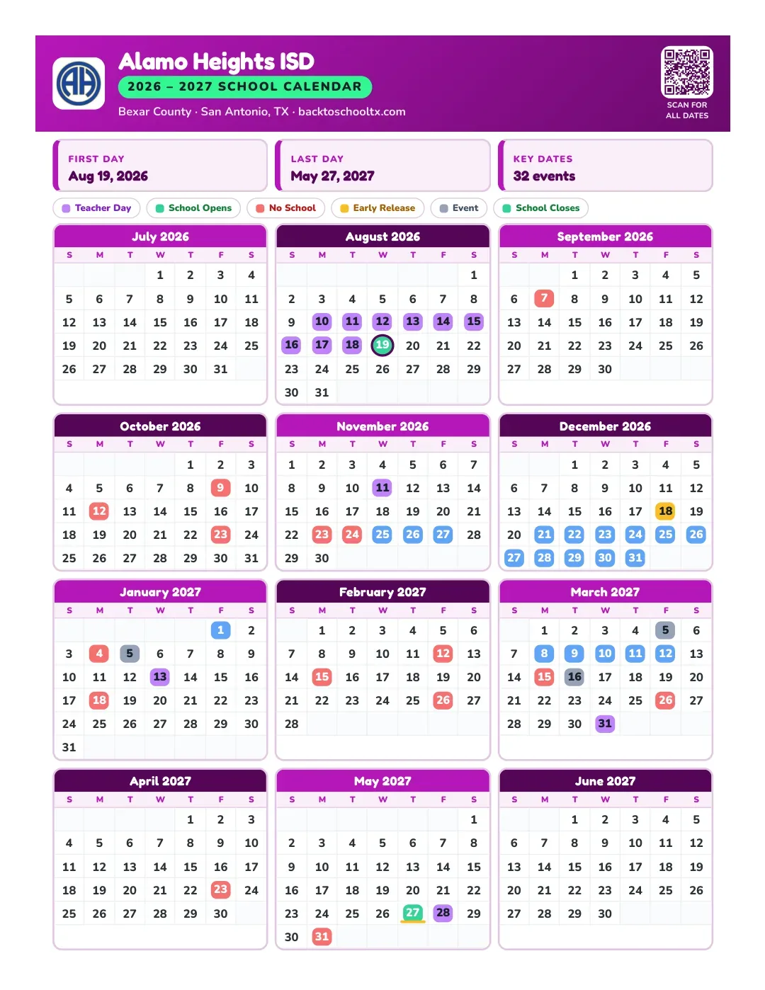 Alamo Heights ISD Calendar for the Year 26-27