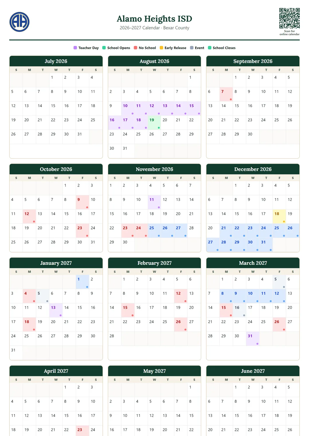 Alamo Heights ISD printable 2026–2027 calendar
