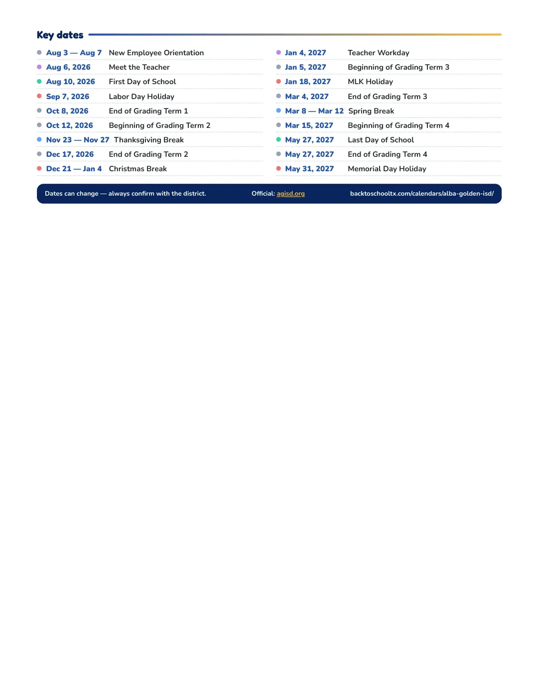 Alba-golden ISD Calendar for the Year 26-27 — key dates