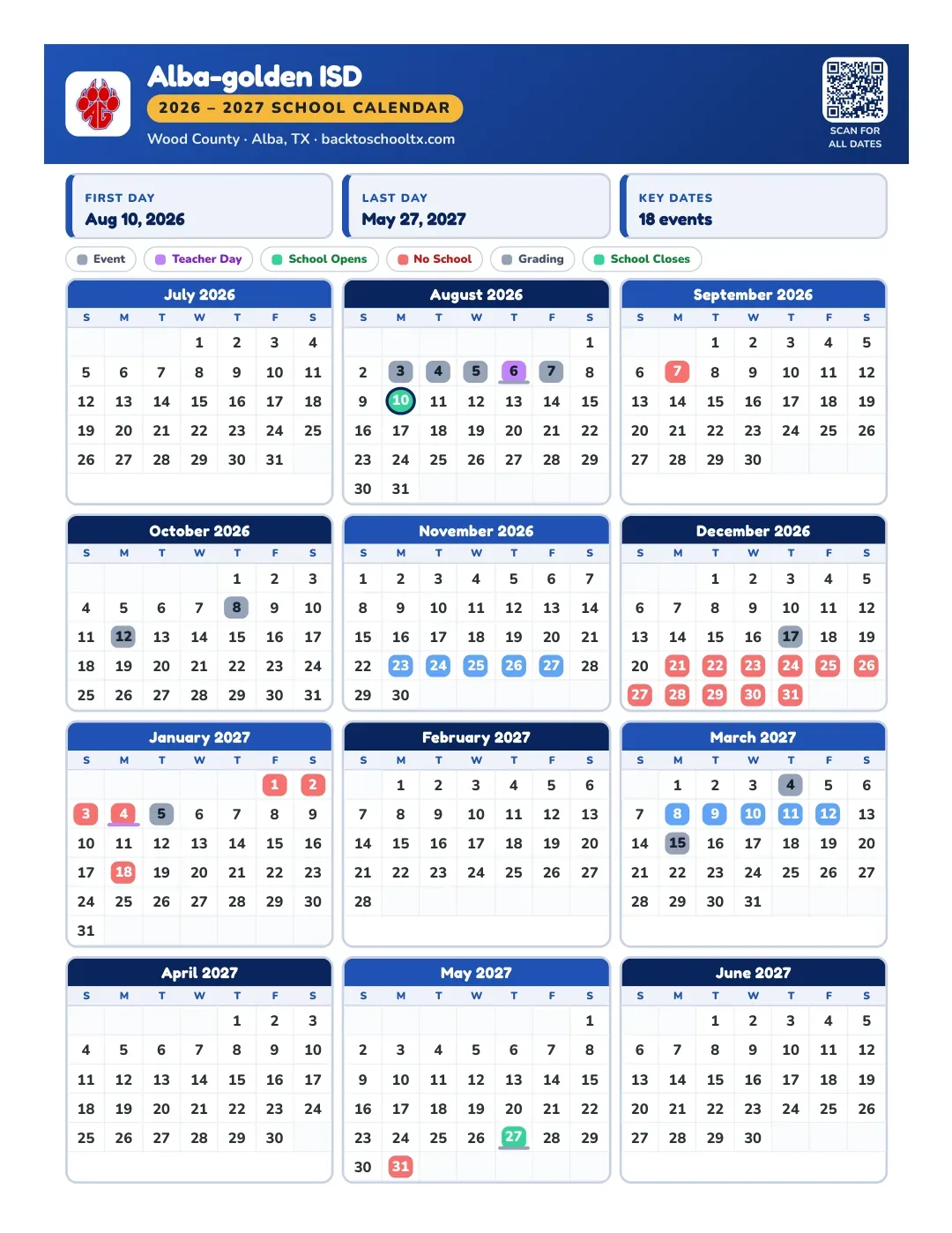 Alba-golden ISD Calendar for the Year 26-27