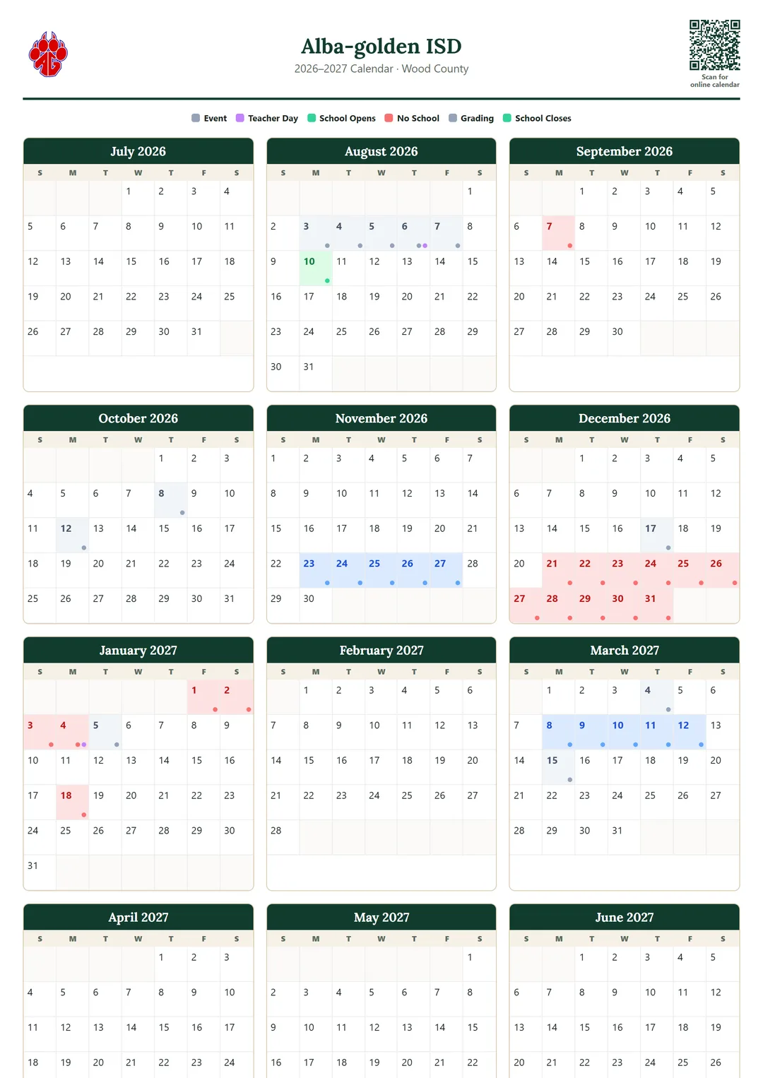 Alba-golden ISD printable 2026–2027 calendar