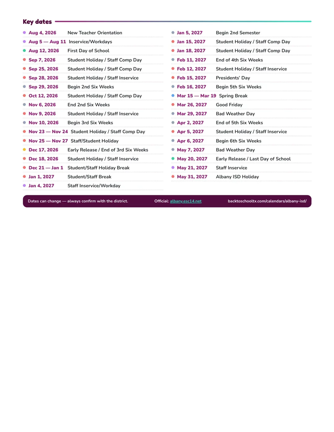 Albany ISD Calendar for the Year 26-27 — key dates