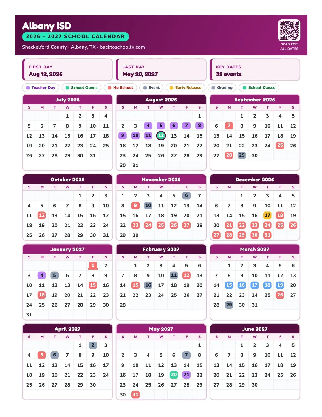 Albany ISD Calendar for the Year 26-27