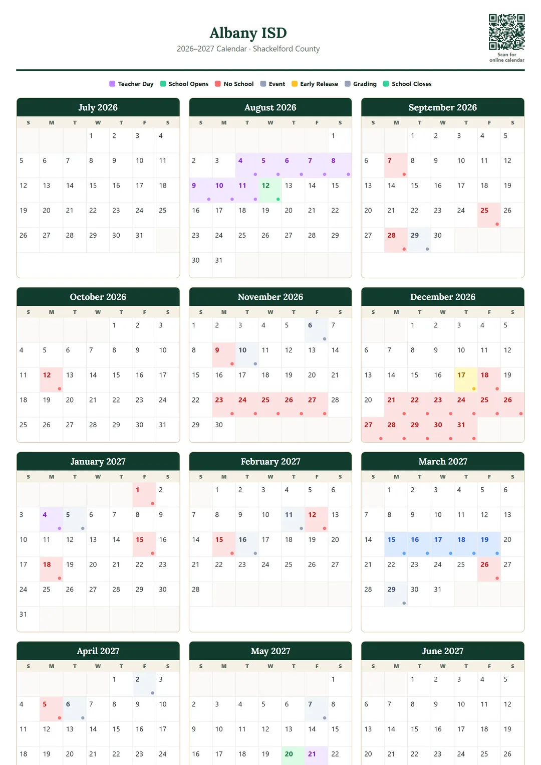 Albany ISD printable 2026–2027 calendar