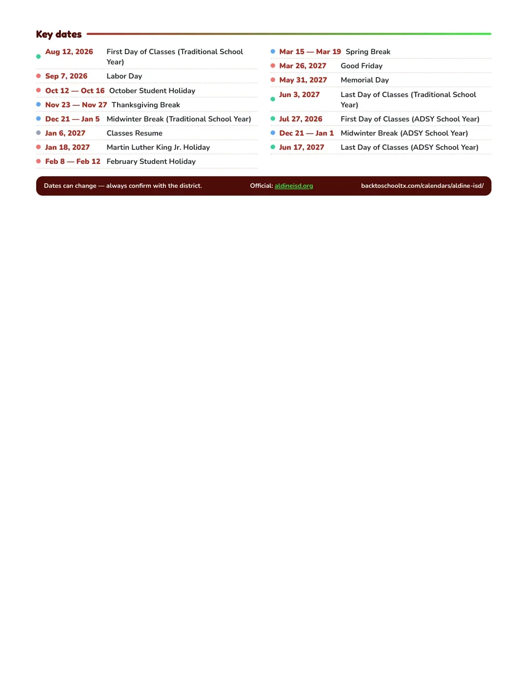 Aldine ISD Calendar for the Year 26-27 — key dates