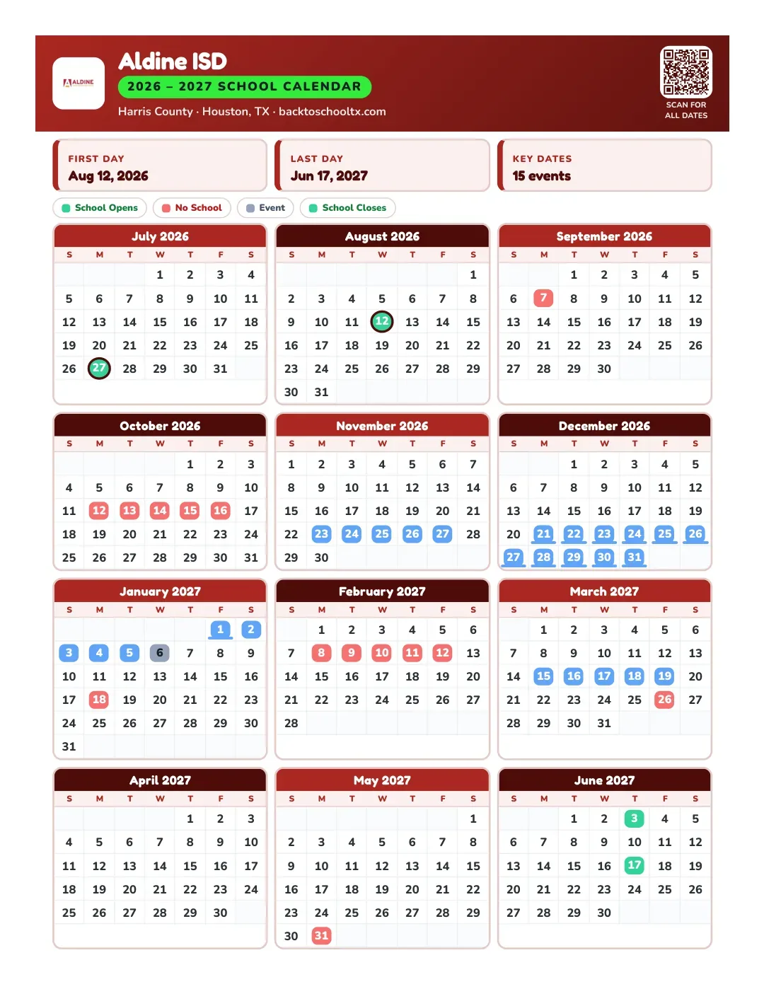 Aldine ISD Calendar for the Year 26-27