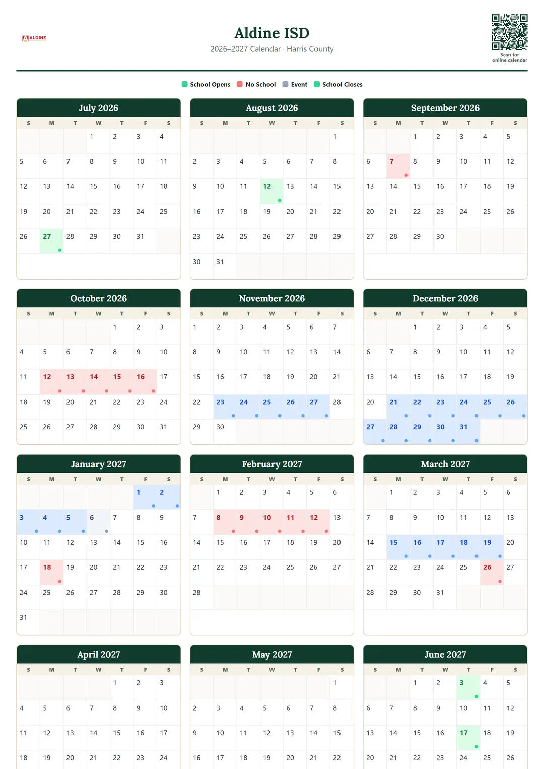Aldine ISD printable 2026–2027 calendar