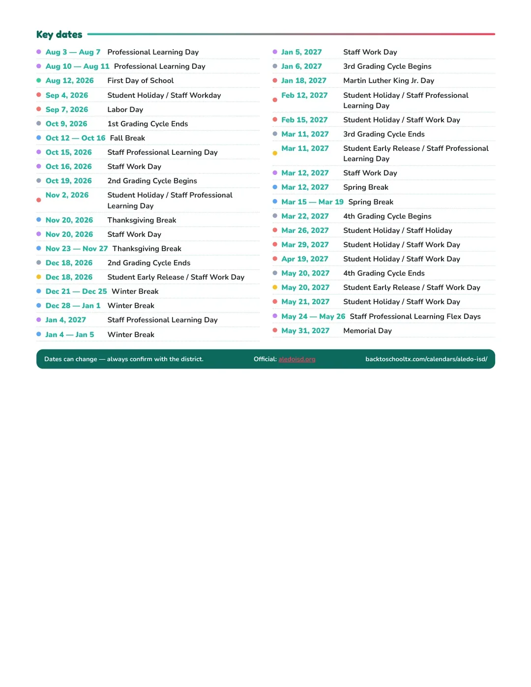 Aledo ISD Calendar for the Year 26-27 — key dates