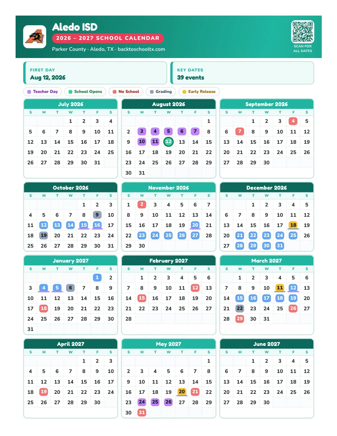 Aledo ISD Calendar for the Year 26-27
