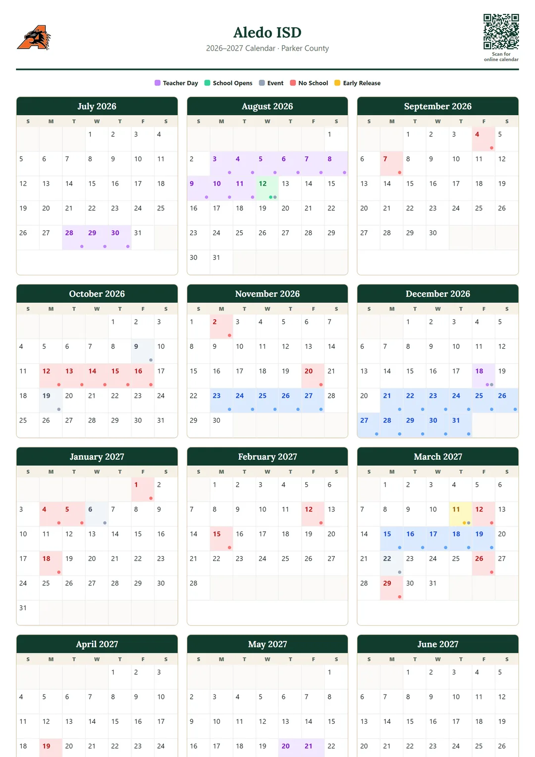 Aledo ISD printable 2026–2027 calendar