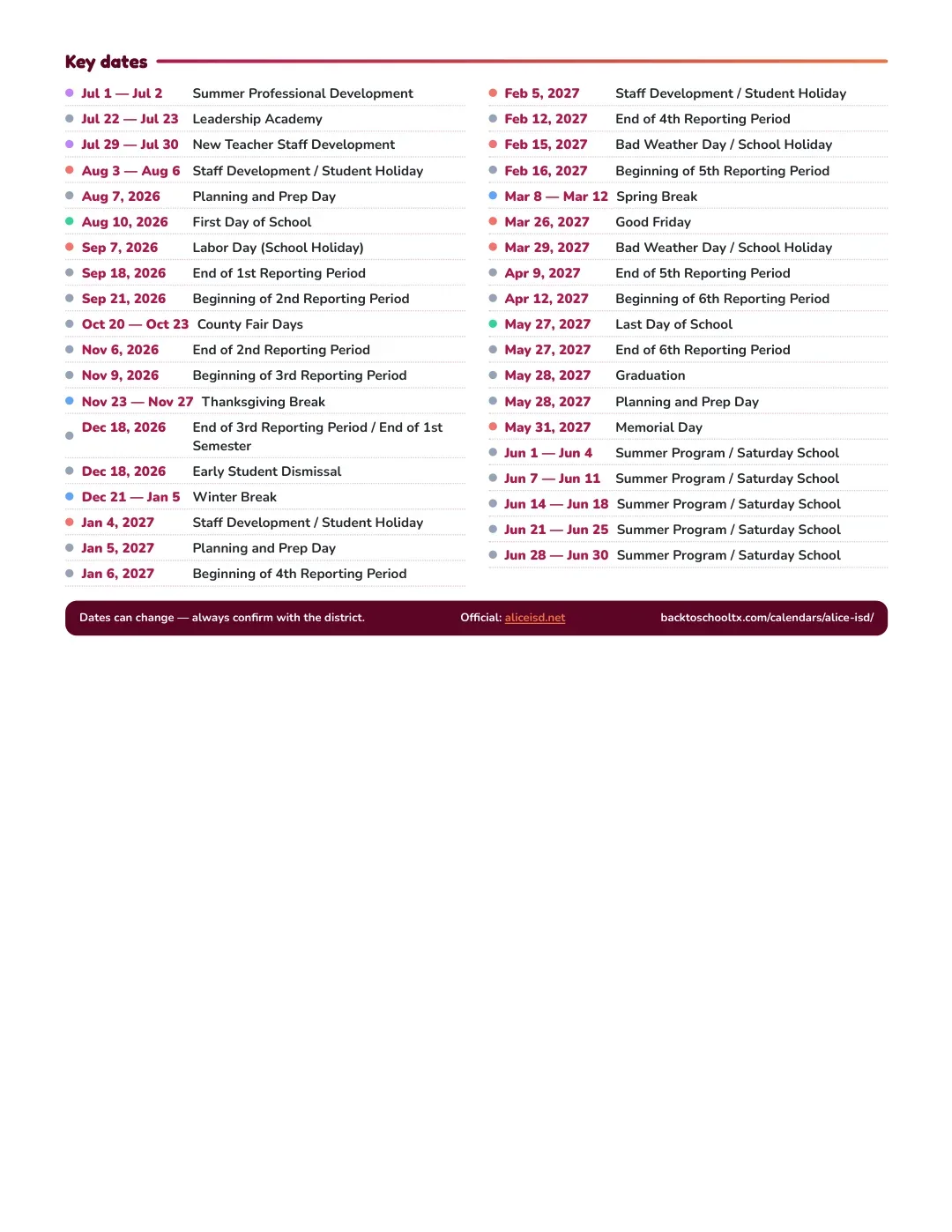 Alice ISD Calendar for the Year 26-27 — key dates