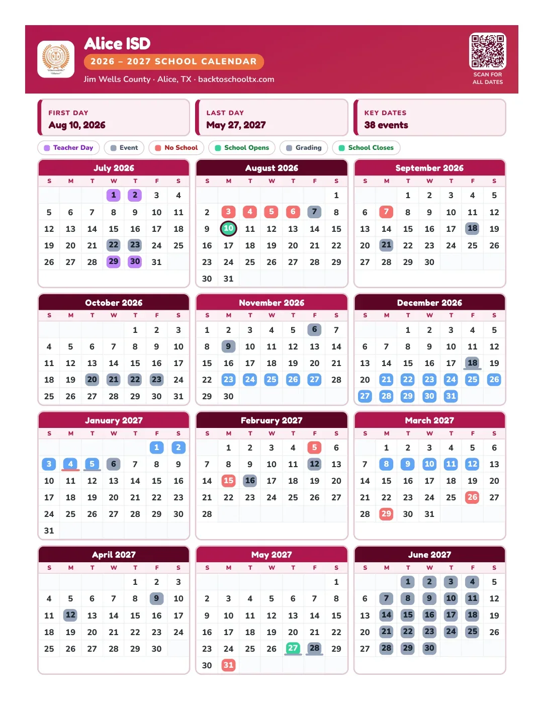 Alice ISD Calendar for the Year 26-27