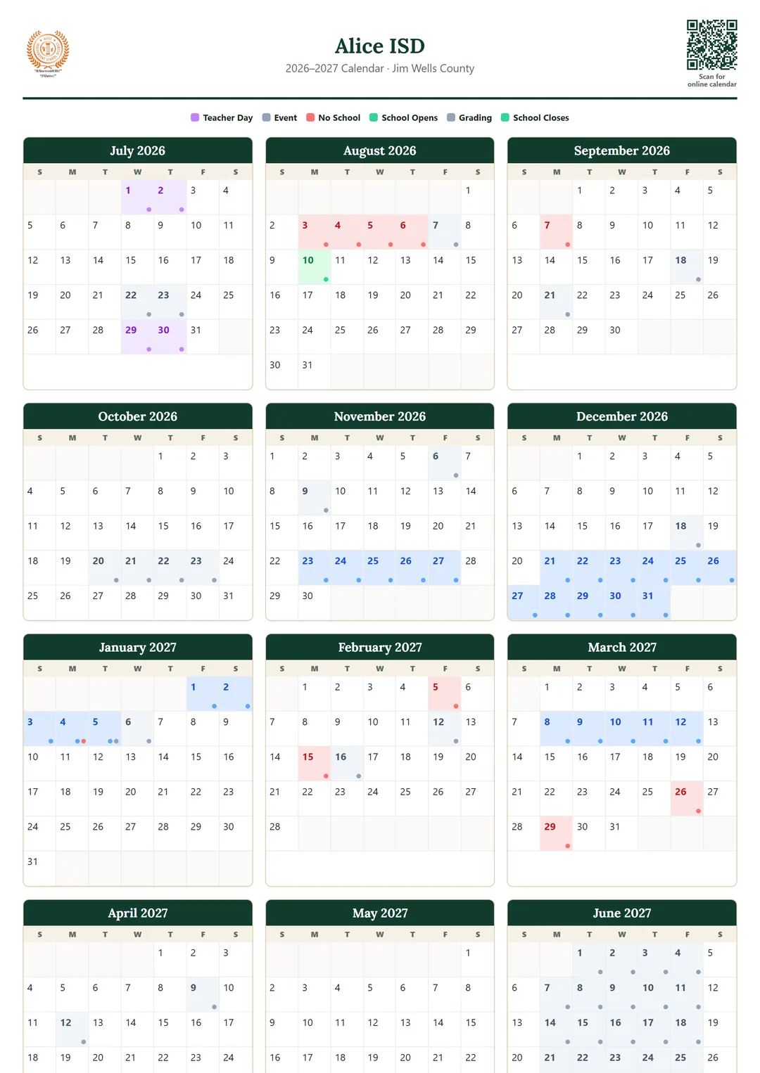 Alice ISD printable 2026–2027 calendar