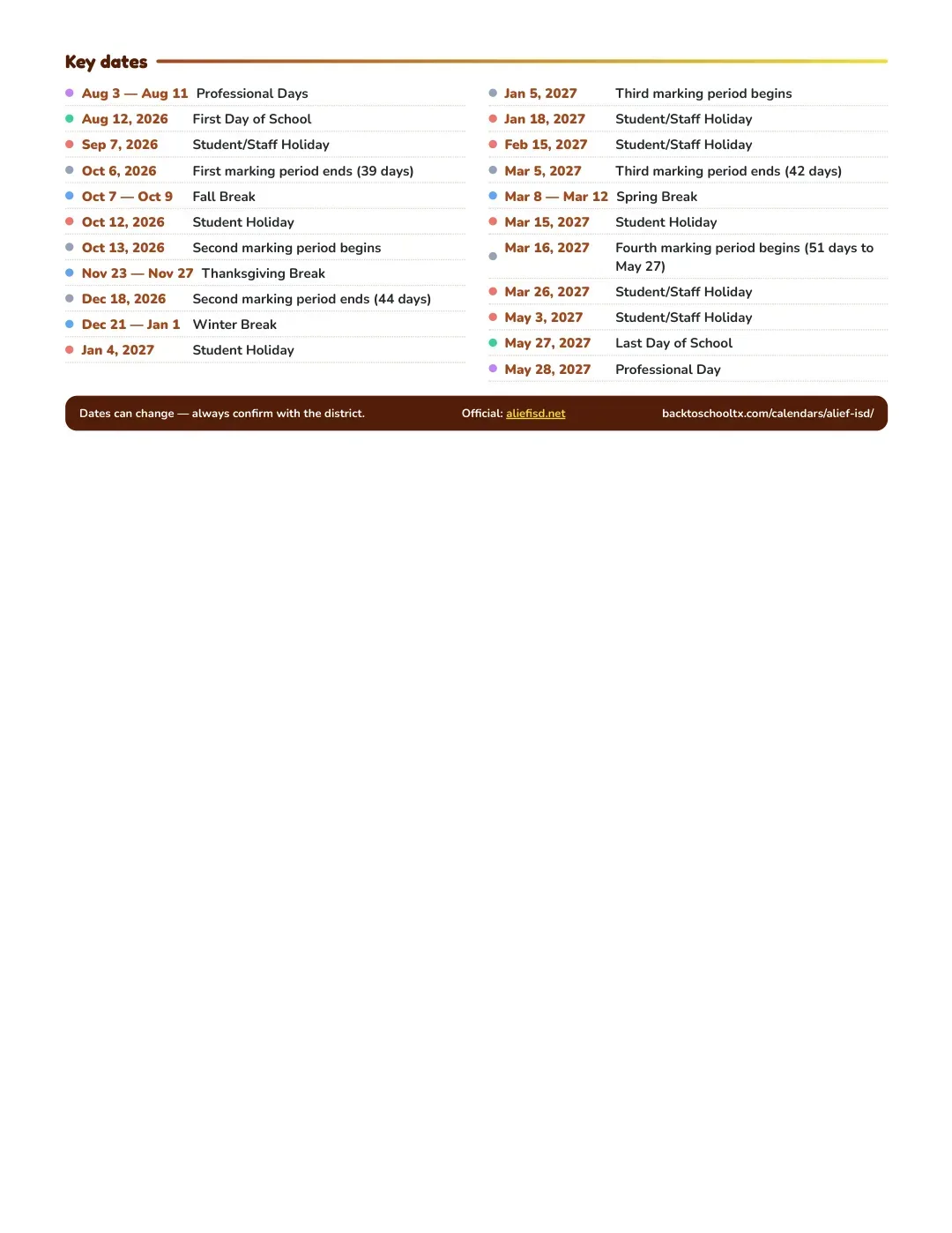 Alief ISD Calendar for the Year 26-27 — key dates