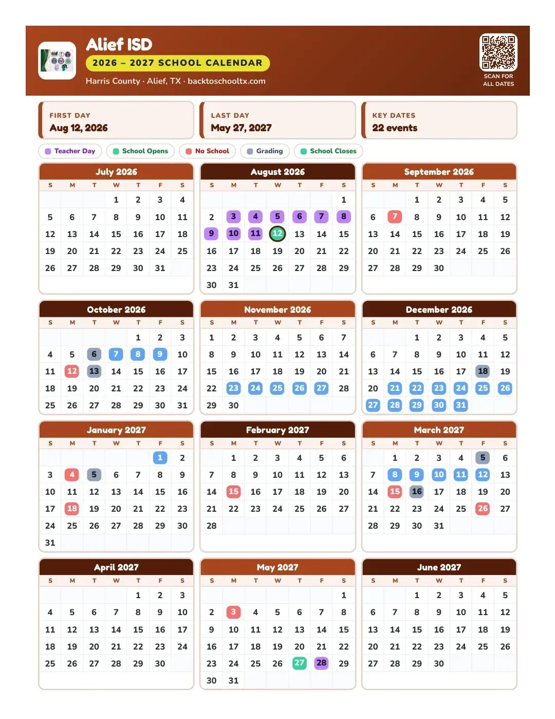 Alief ISD Calendar for the Year 26-27