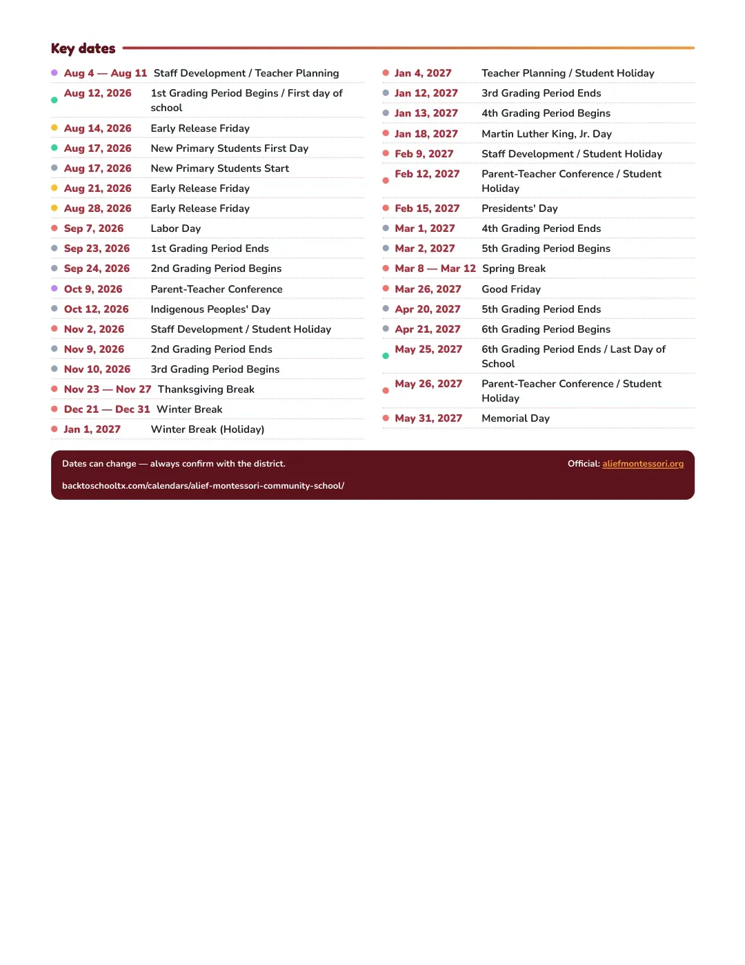 Alief Montessori Community School Calendar for the Year 26-27 — key dates