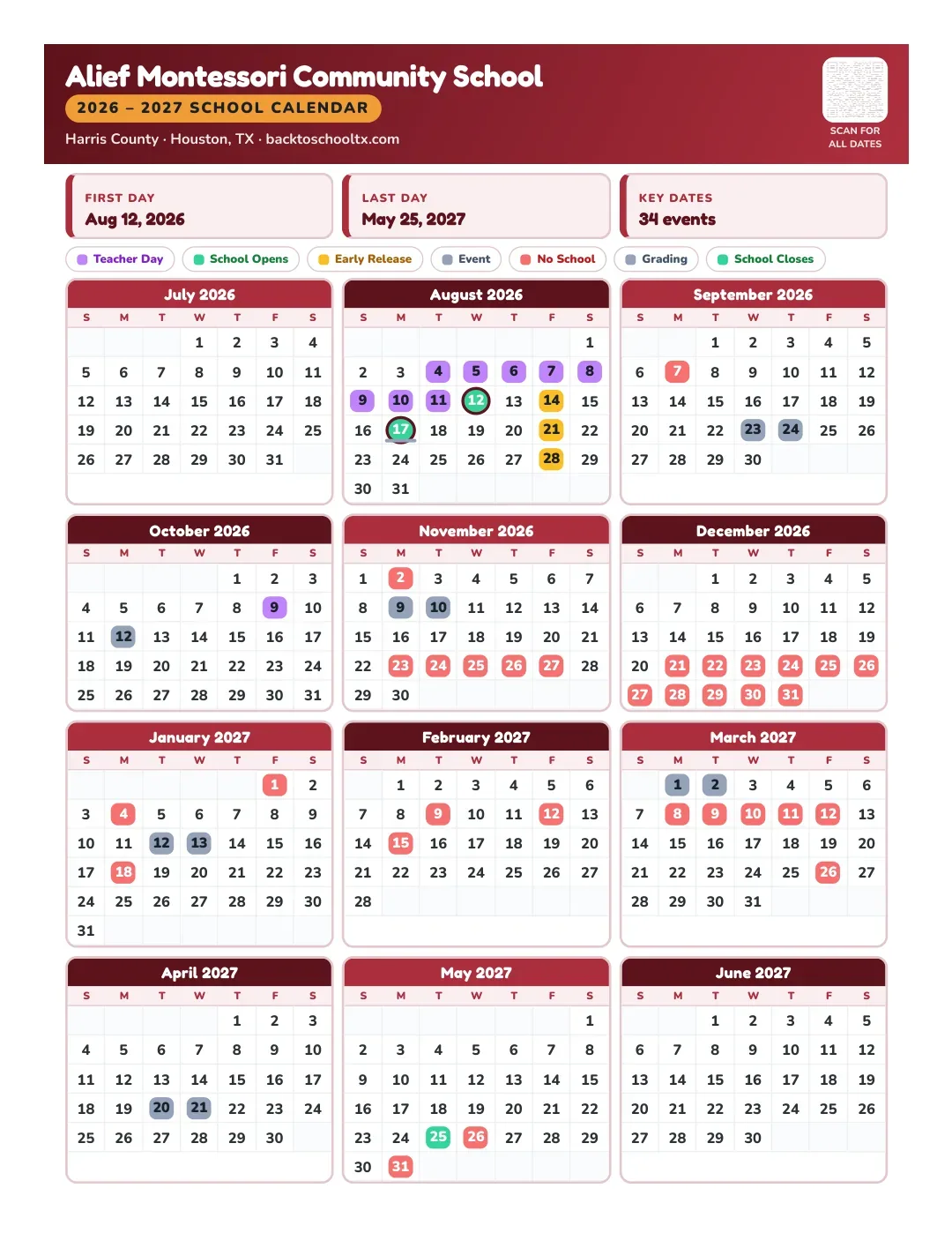 Alief Montessori Community School Calendar for the Year 26-27