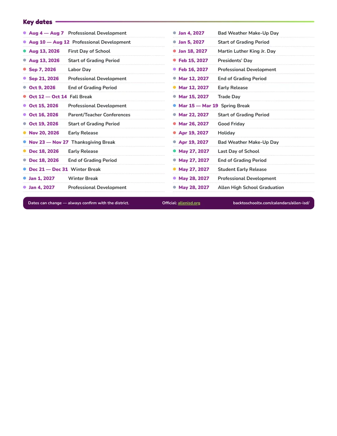 Allen ISD Calendar for the Year 26-27 — key dates
