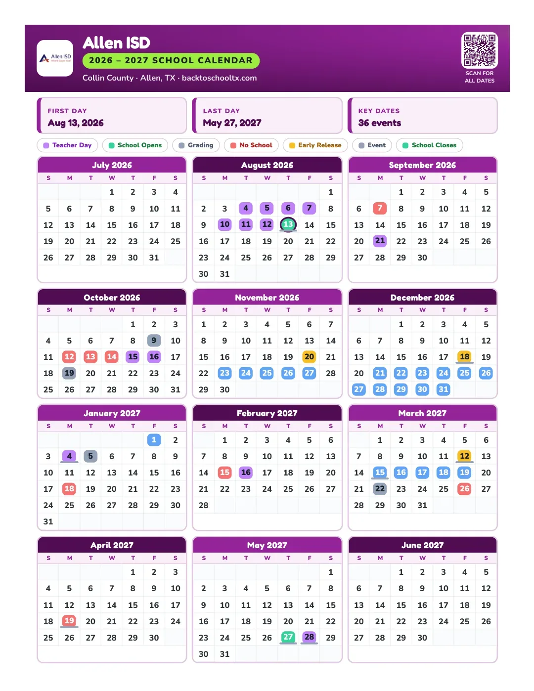 Allen ISD Calendar for the Year 26-27