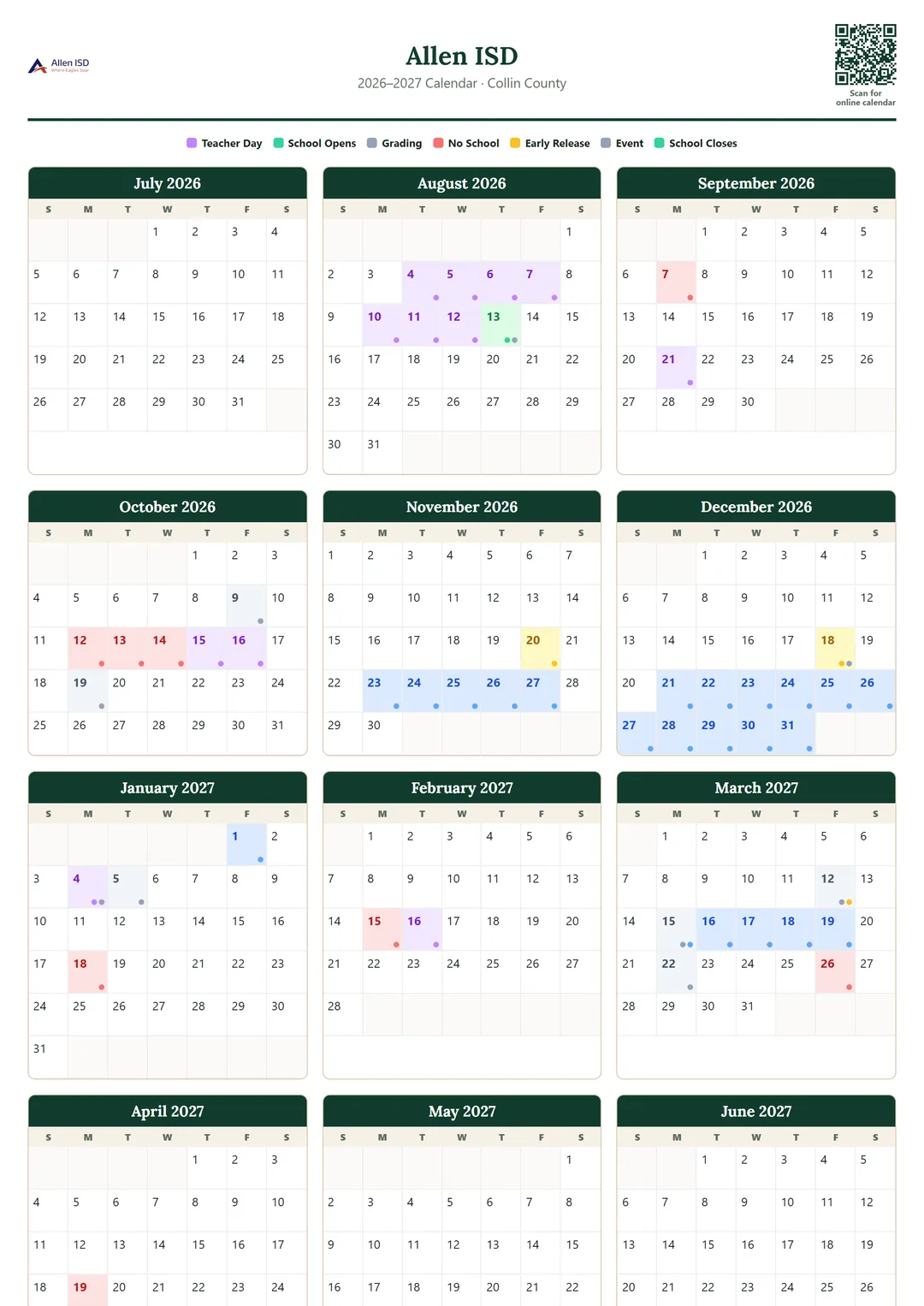 Allen ISD printable 2026–2027 calendar