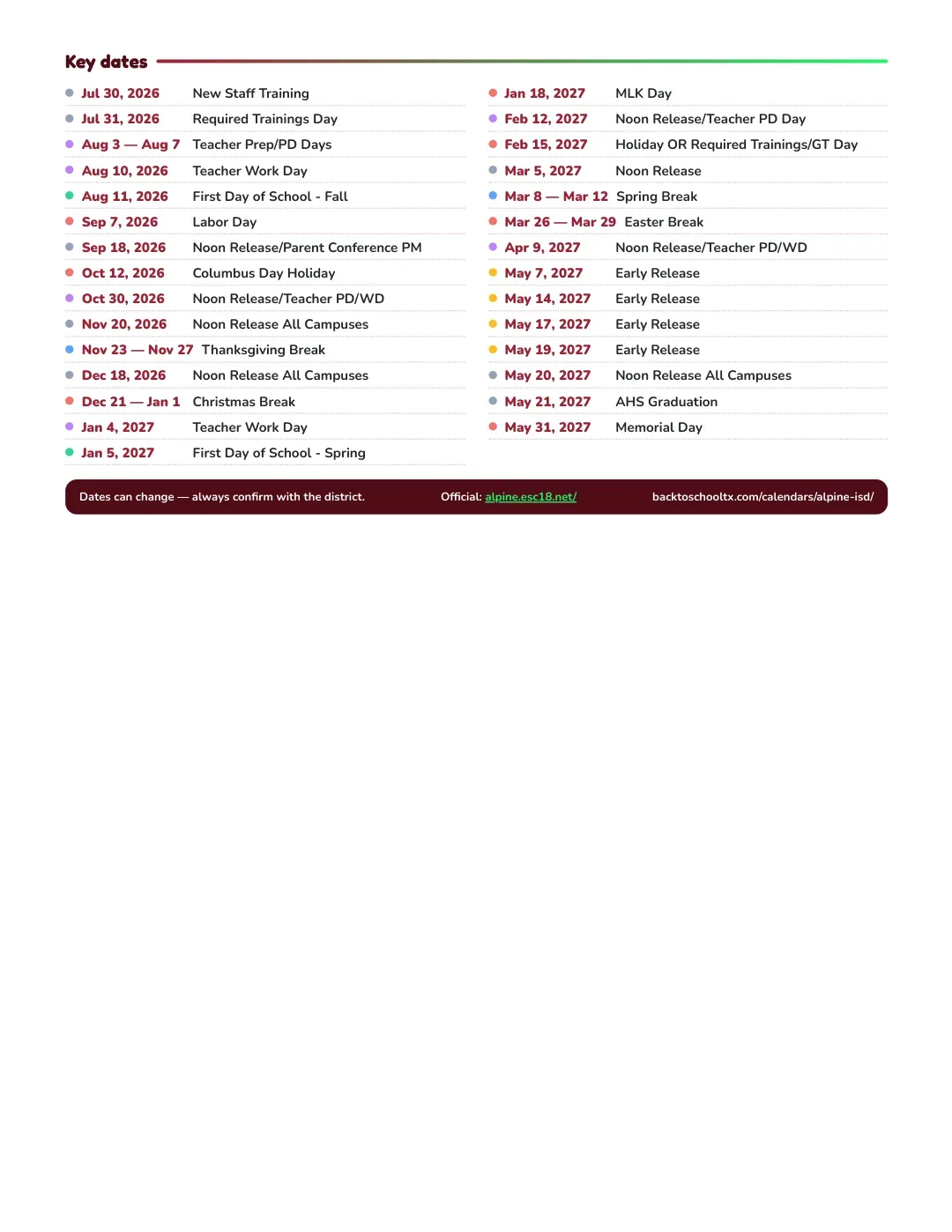 Alpine ISD Calendar for the Year 26-27 — key dates
