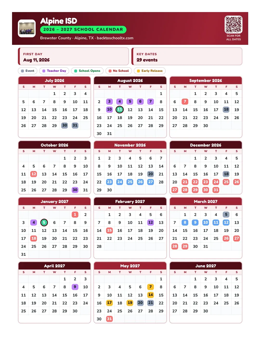 Alpine ISD Calendar for the Year 26-27