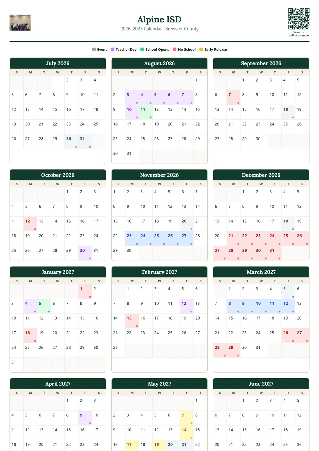 Alpine ISD printable 2026–2027 calendar