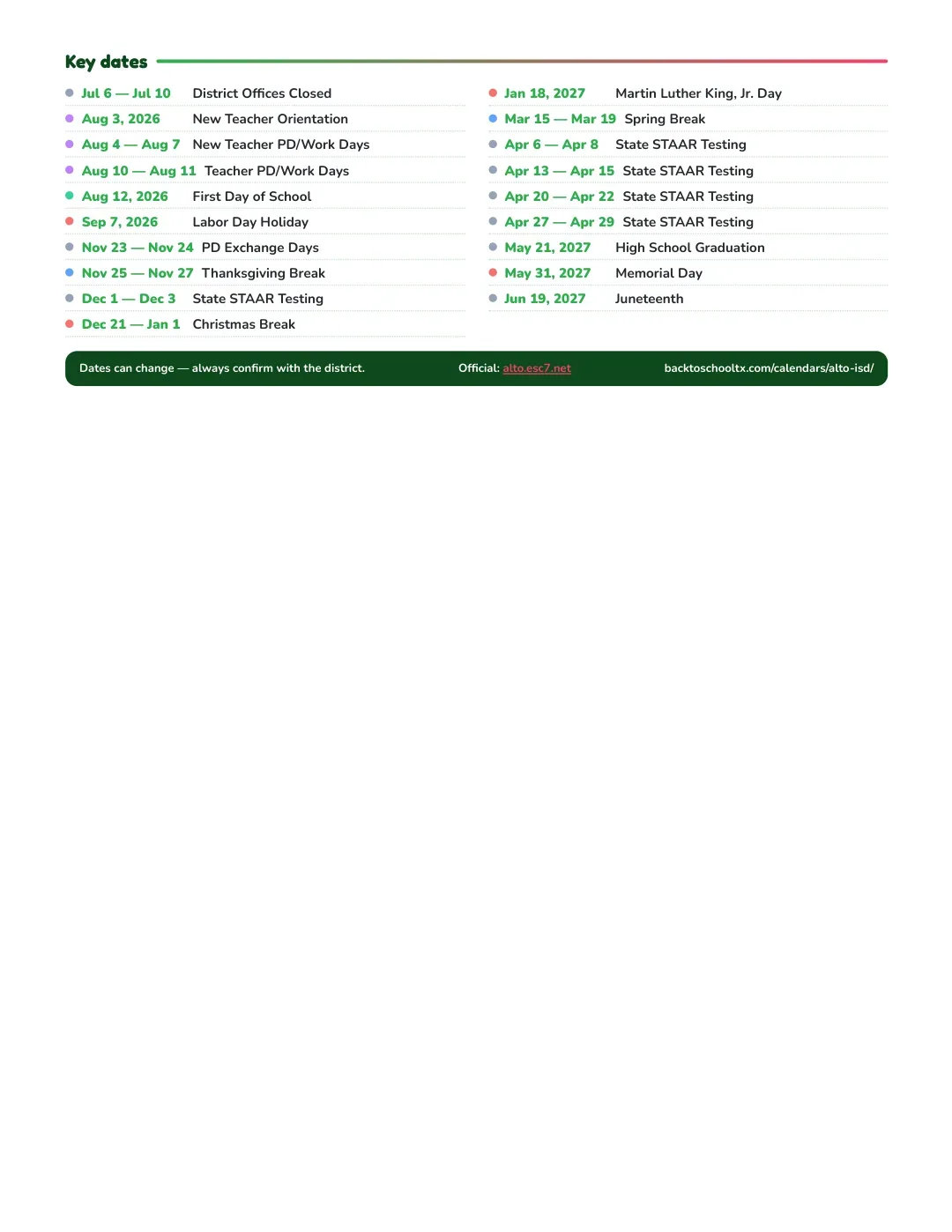 Alto ISD Calendar for the Year 26-27 — key dates