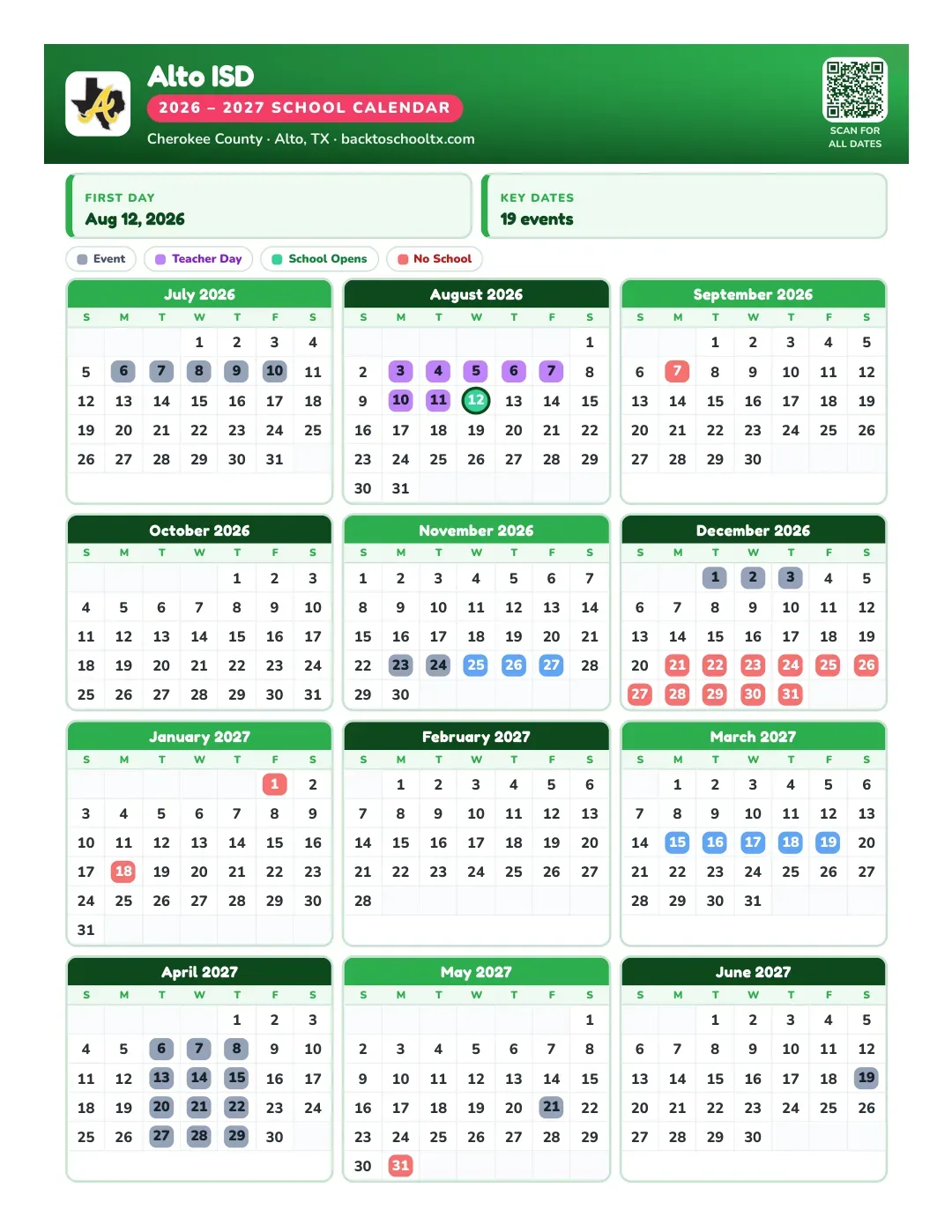 Alto ISD Calendar for the Year 26-27
