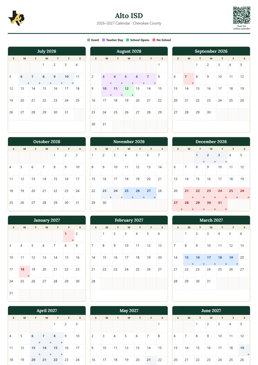 Alto ISD printable 2026–2027 calendar