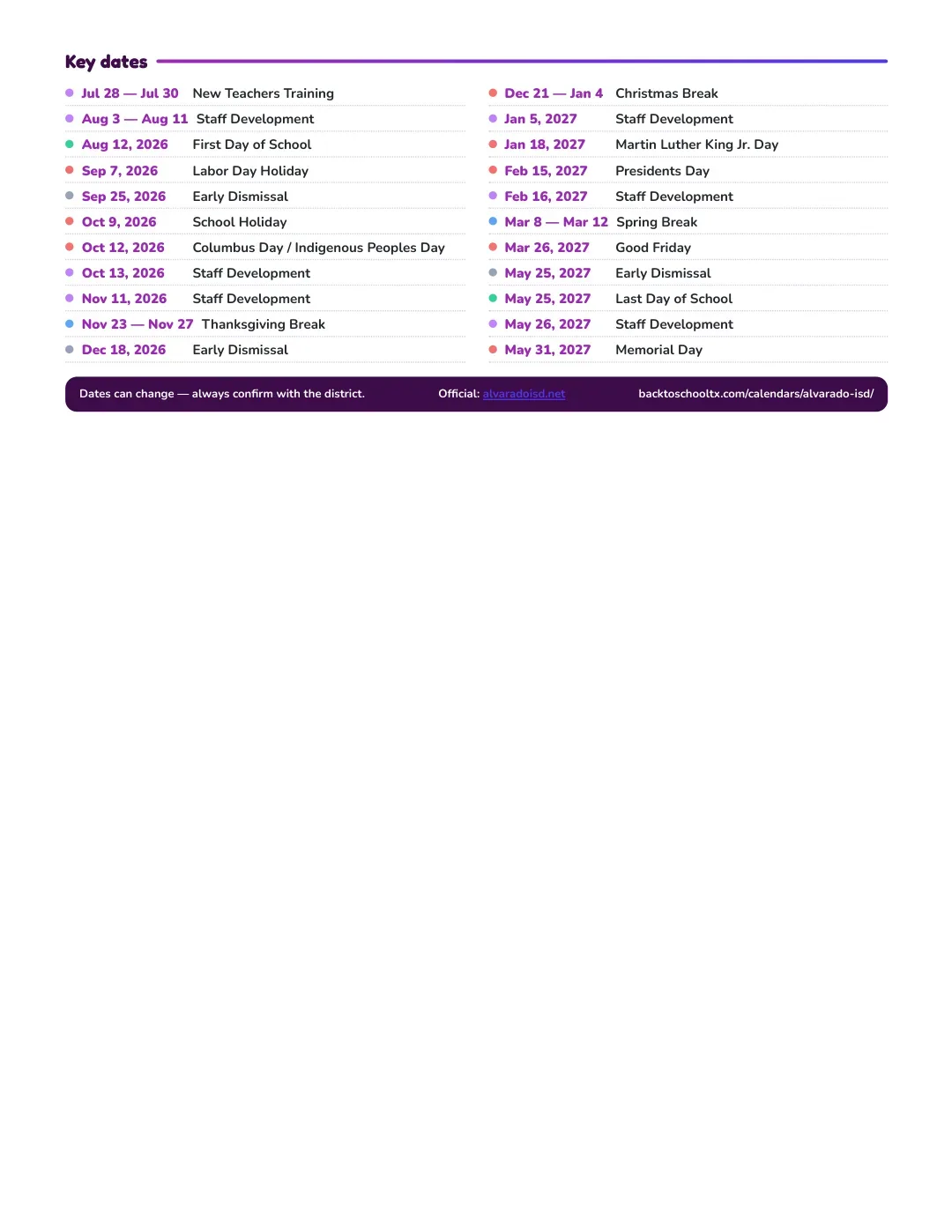 Alvarado ISD Calendar for the Year 26-27 — key dates