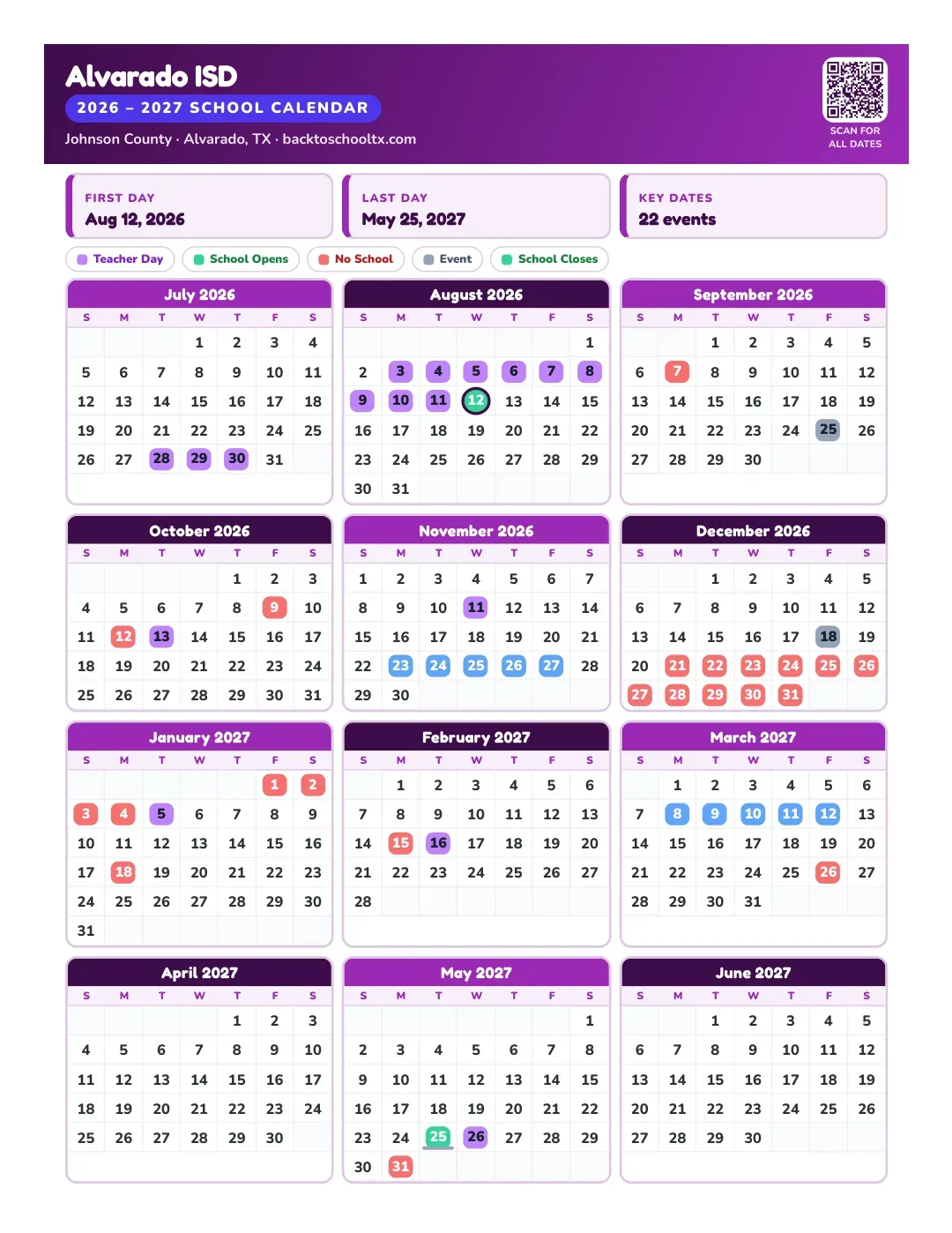 Alvarado ISD Calendar for the Year 26-27