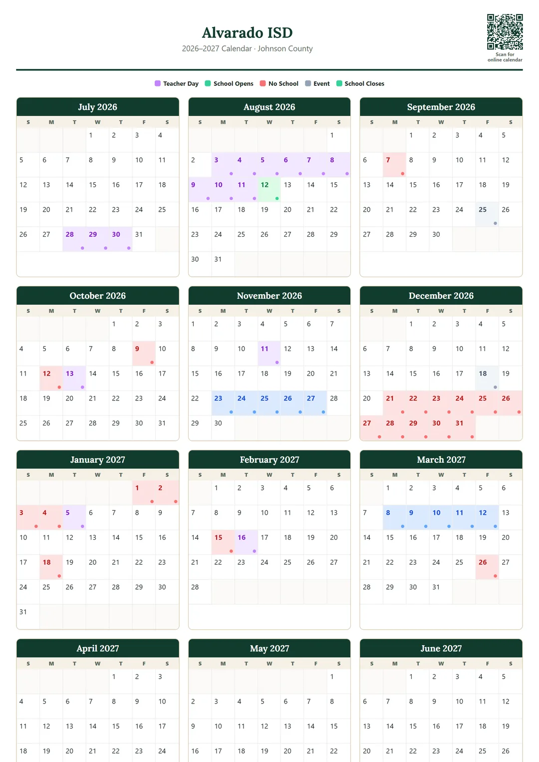 Alvarado ISD printable 2026–2027 calendar
