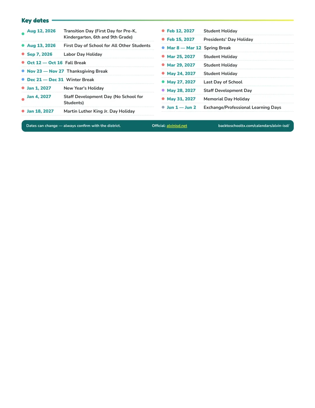 Alvin ISD Calendar for the Year 26-27 — key dates