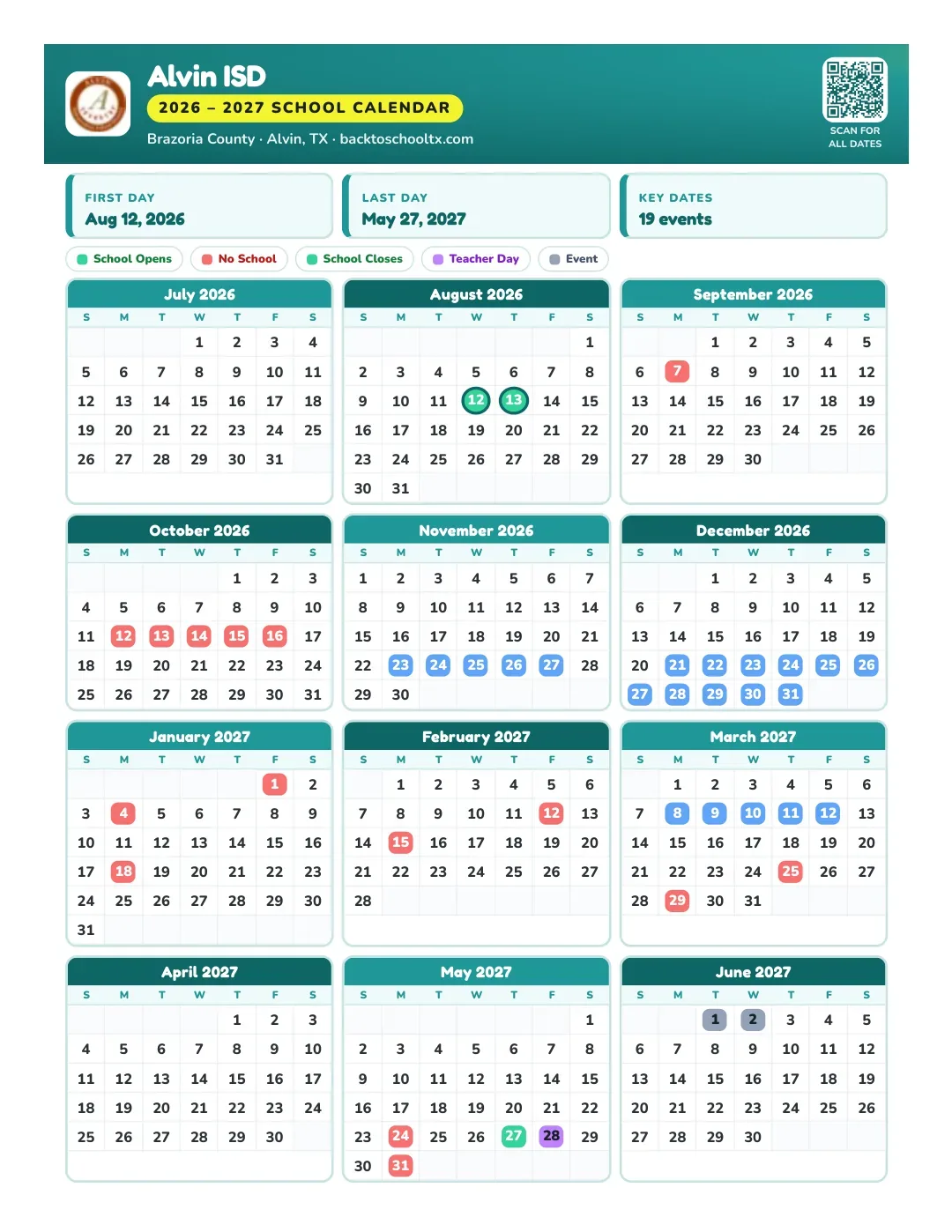 Alvin ISD Calendar for the Year 26-27