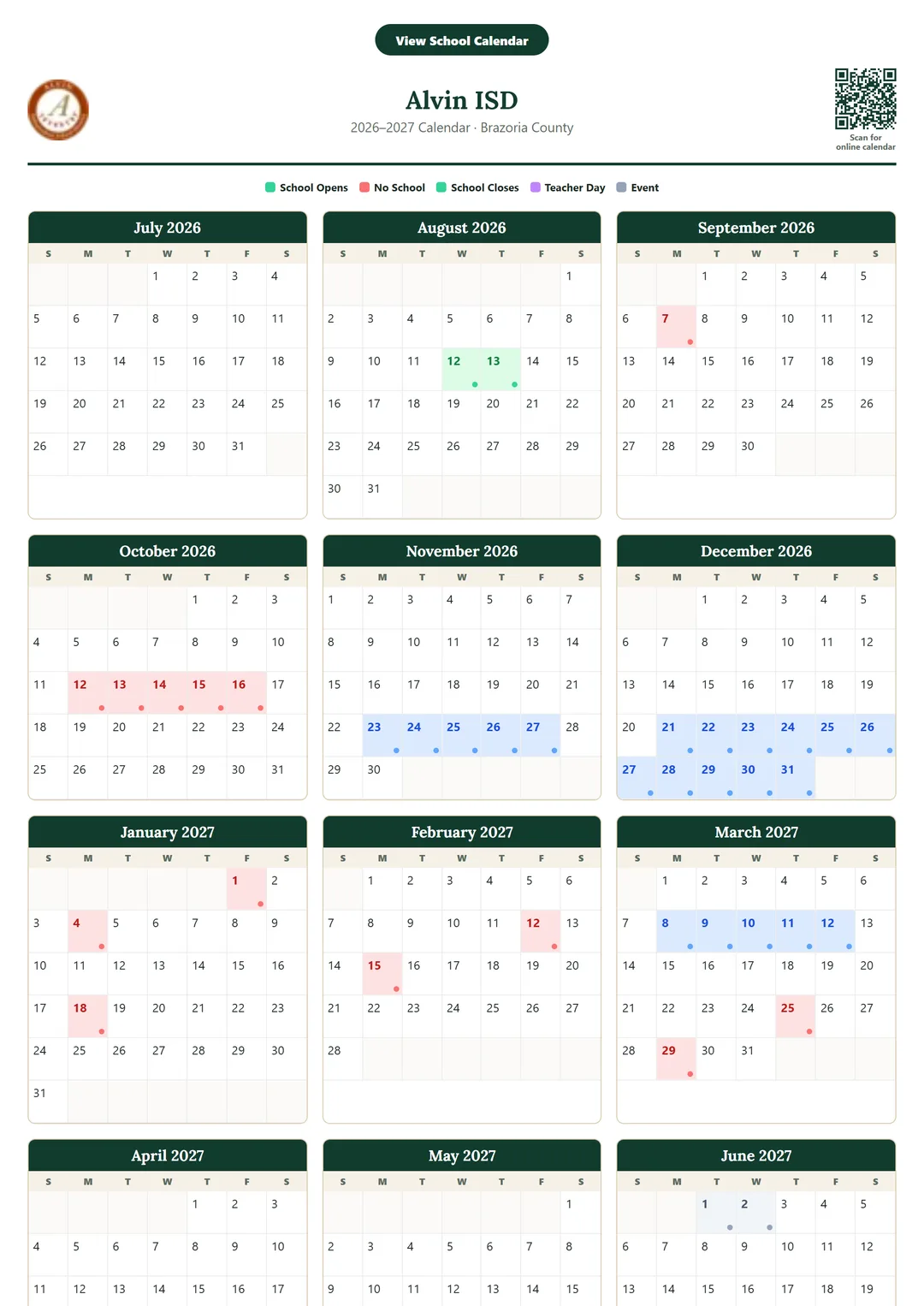 Alvin ISD printable 2026–2027 calendar