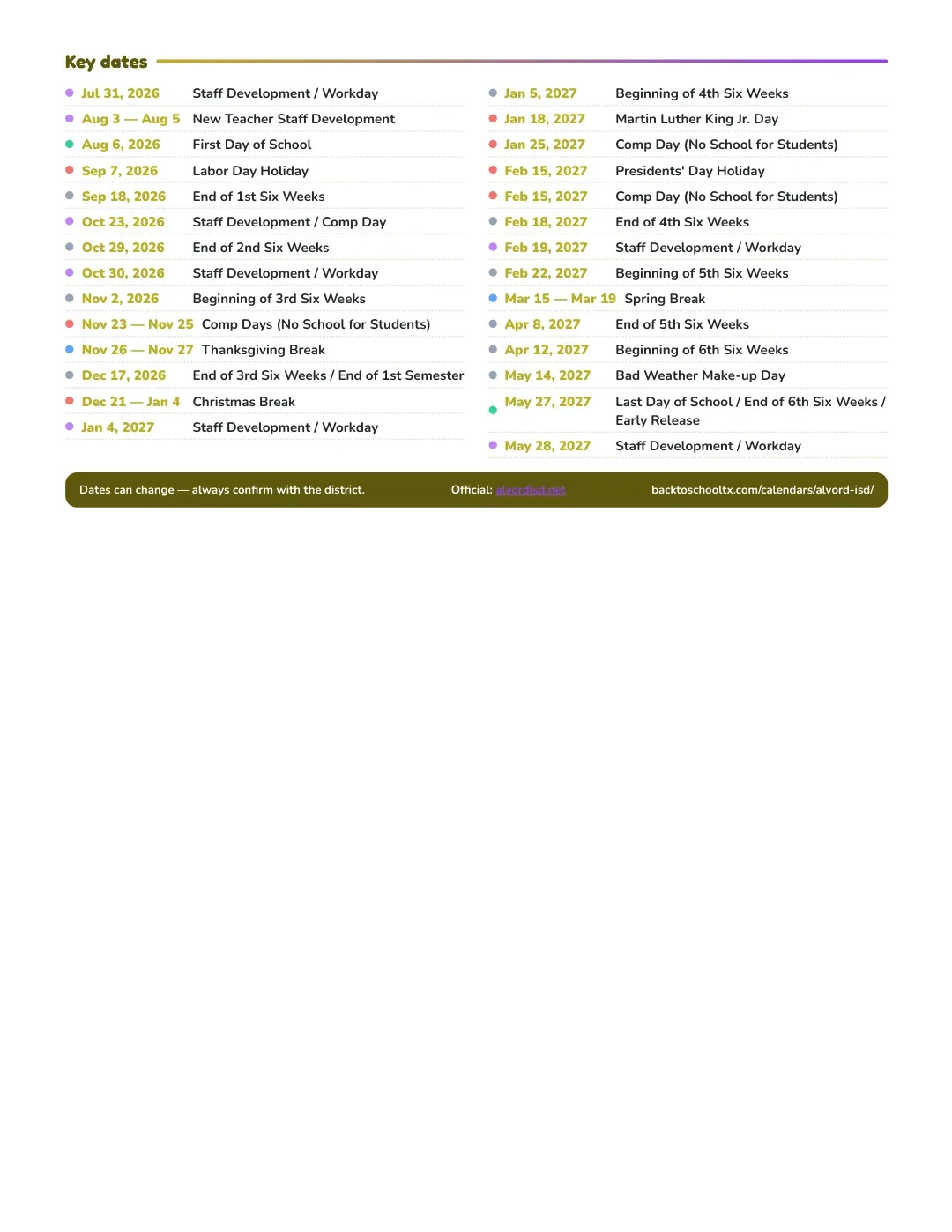 Alvord ISD Calendar for the Year 26-27 — key dates