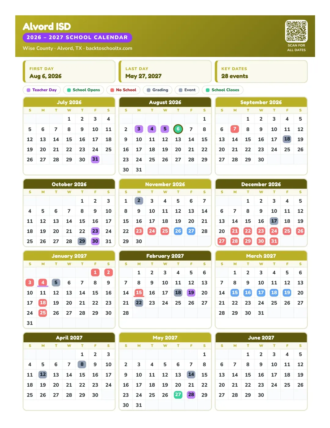 Alvord ISD Calendar for the Year 26-27